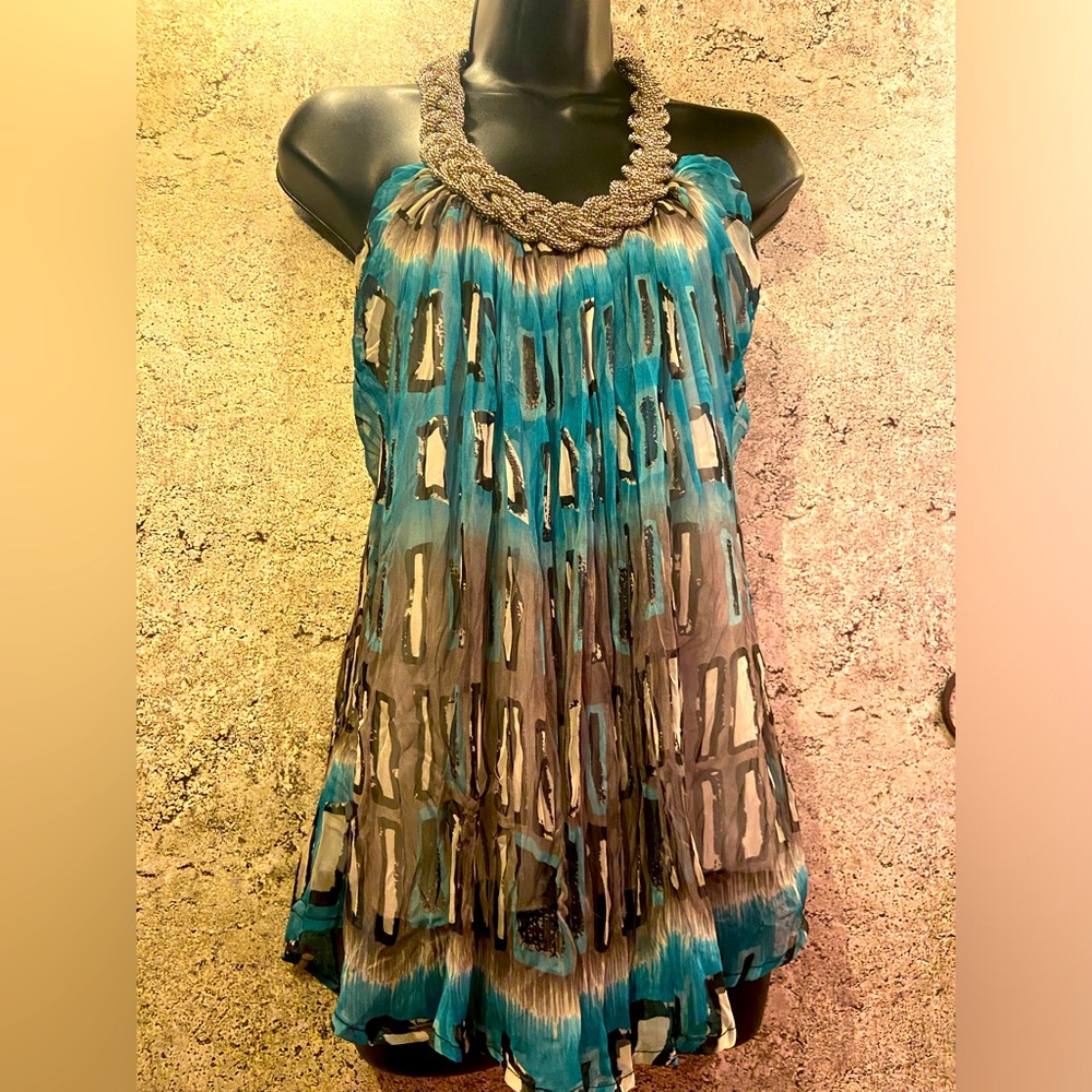 Teal & black dramatic halter top with silver metallic neckline- fully lined-
